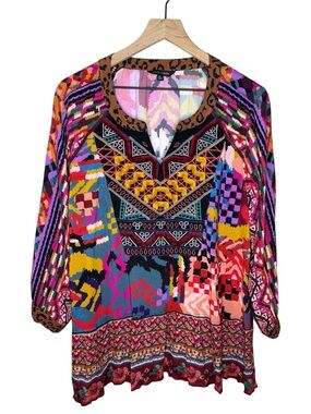 John Mark Boho Multicolor V-Neck Tunic Top with Geometric and Animal Accents